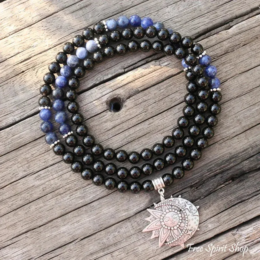 108 Natural Black Onyx & Sodalite Mala Beads With Sun & Moon Pendant