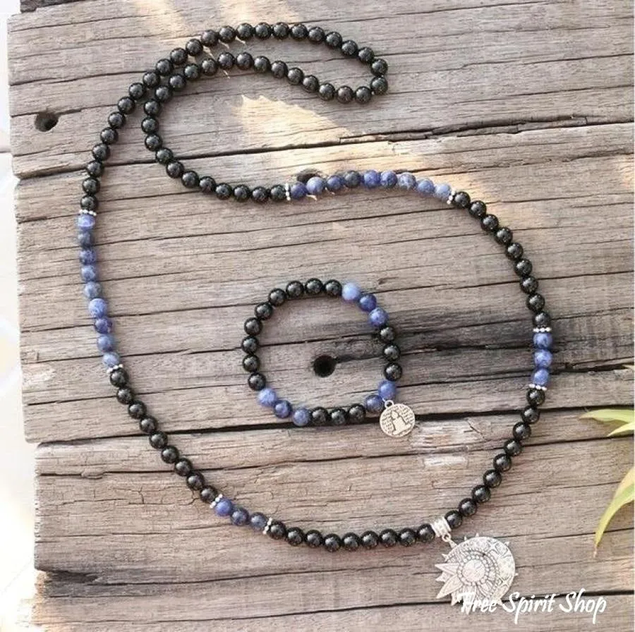 108 Natural Black Onyx & Sodalite Mala Beads With Sun & Moon Pendant