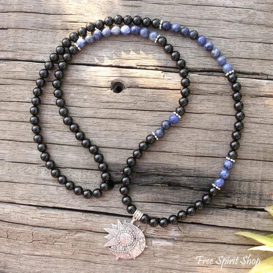 108 Natural Black Onyx & Sodalite Mala Beads With Sun & Moon Pendant