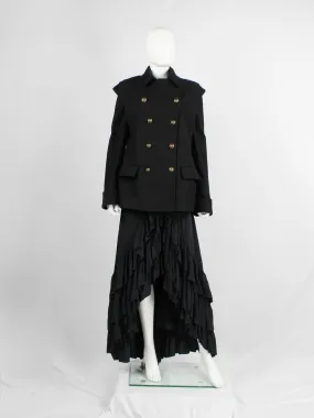 A.F. Vandevorst black military coat with gold cross buttons and detachable sleeves — fall 1999