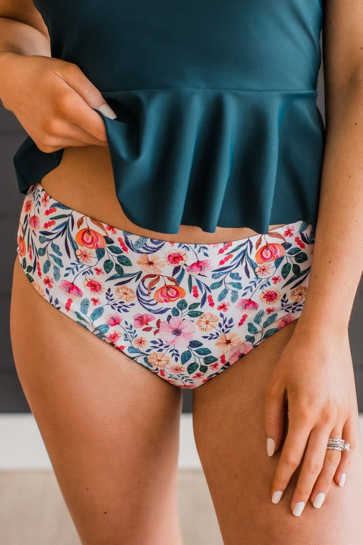 Bask In The Sun Floral Swim Bottoms- Ivory & Teal