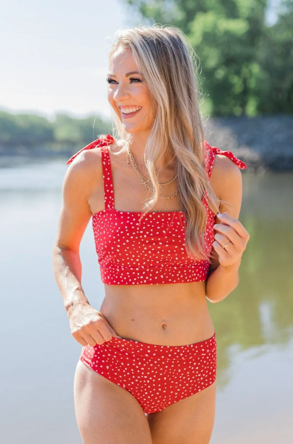 Chasing The Sun Spotted Bandeau Swim Top- Red