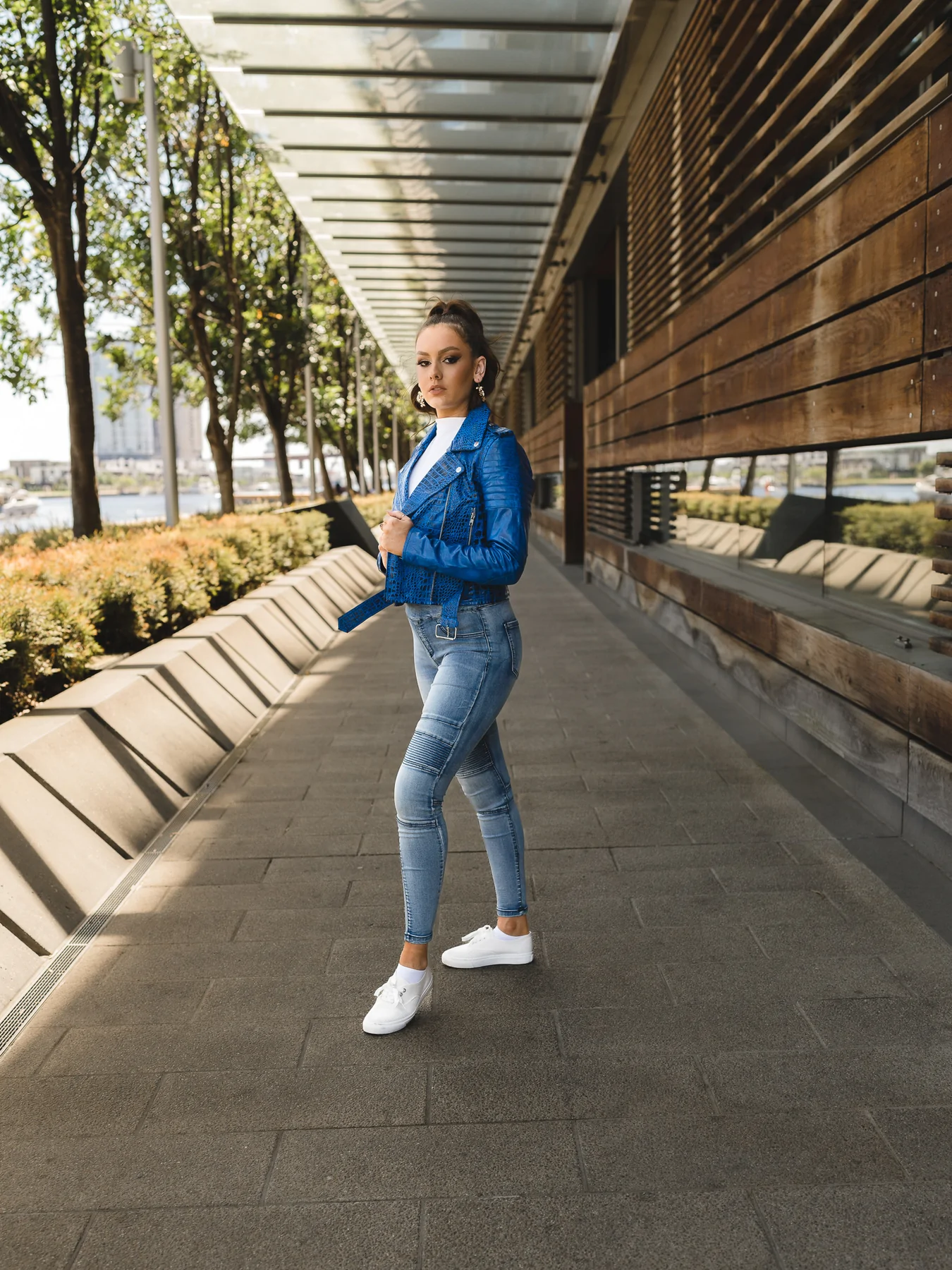 Crocodile Azure Blue leather jacket Womens