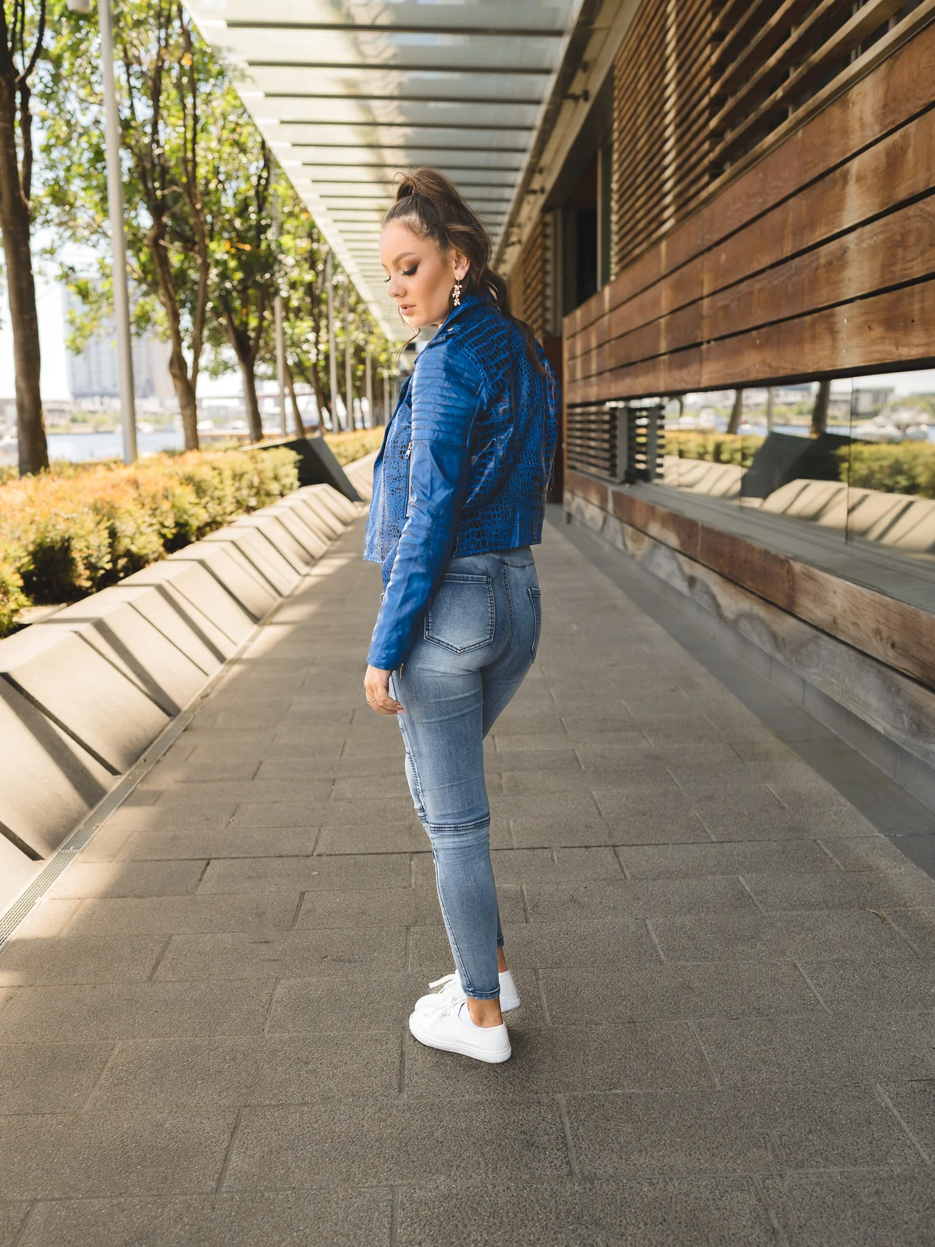 Crocodile Azure Blue leather jacket Womens