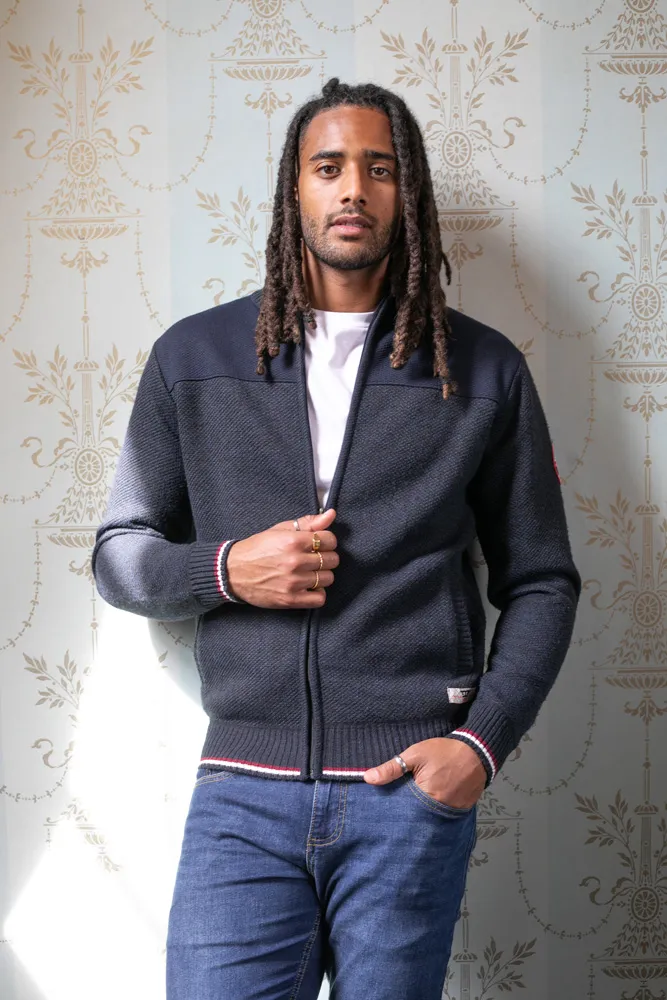 D555 Tall Mens Navy Knitted Zip Through Sweater With Lining (ABERDARE 1)