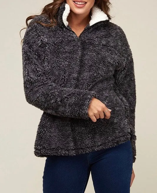 Final Sale - Two Tone Sherpa Half-Zip Pullover - Charcoal