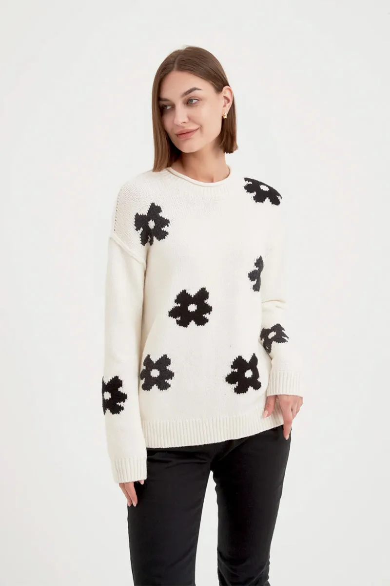 Flower Contrast Knit Ivory