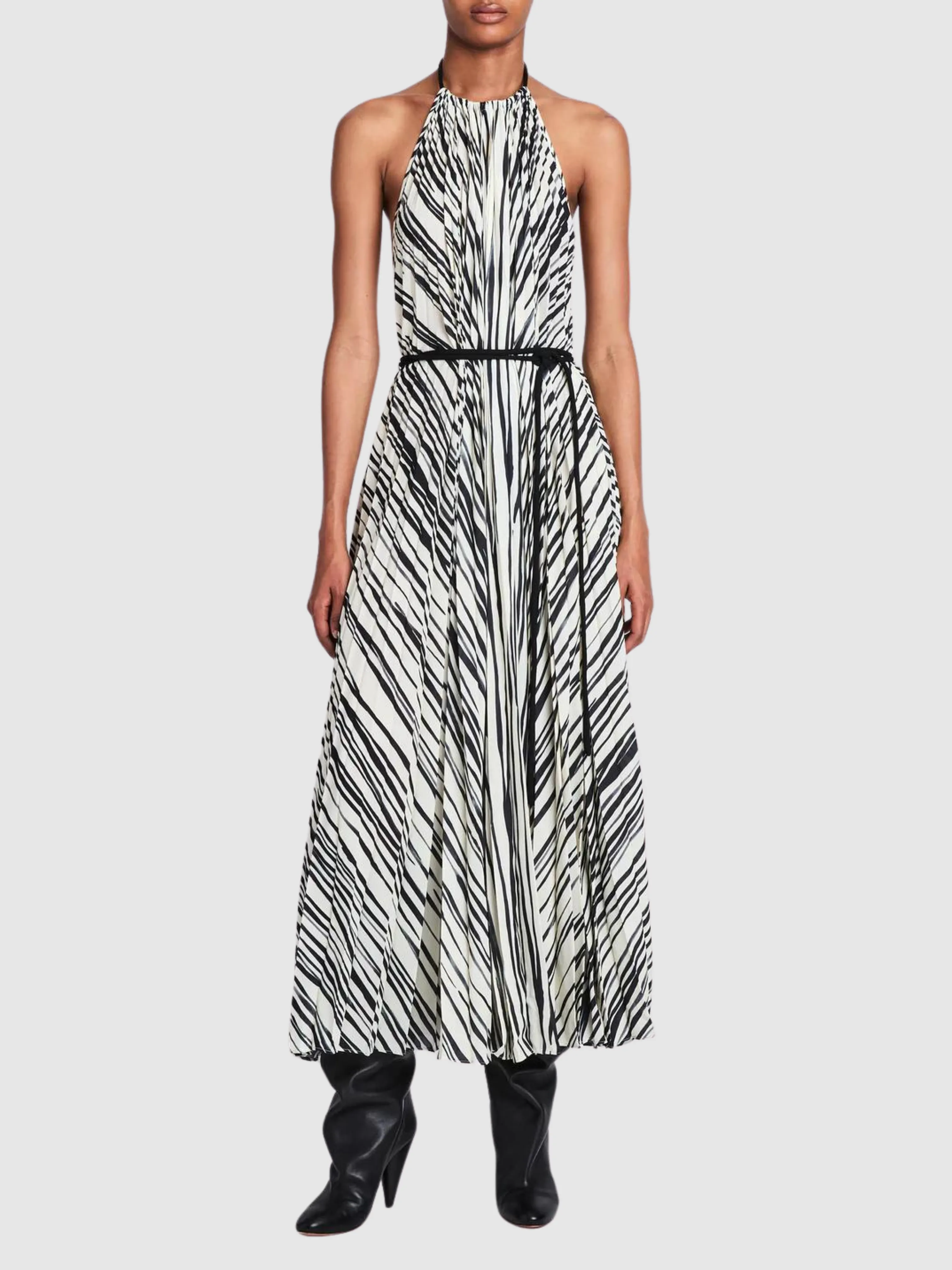 Frida Halter Dress In Printed Sheer Pleated Chiffo