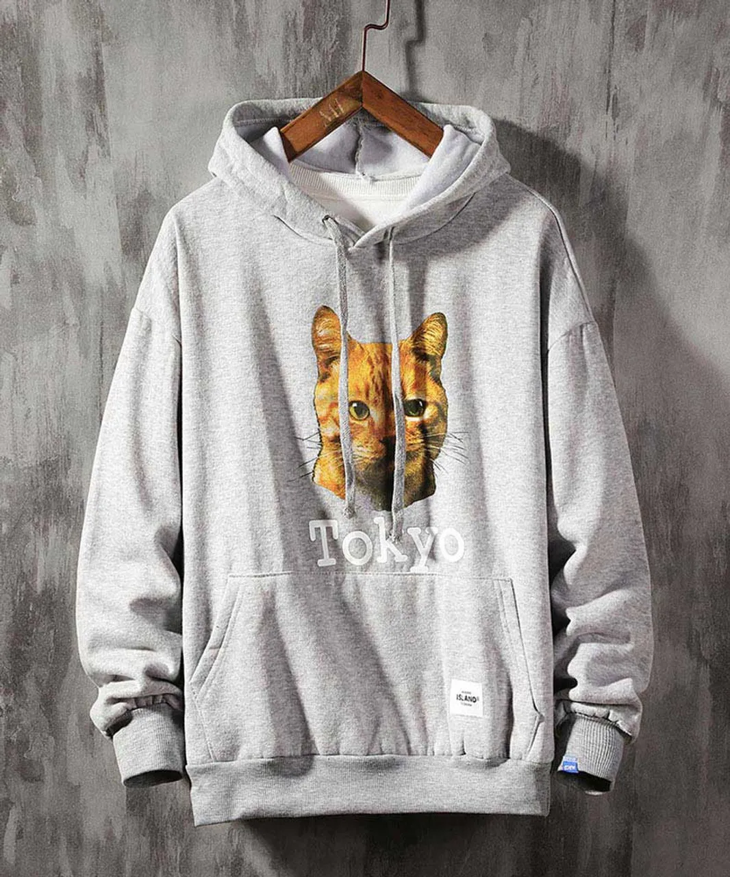 Grey Tokyo cat pattern print hoodies with pouch pocket