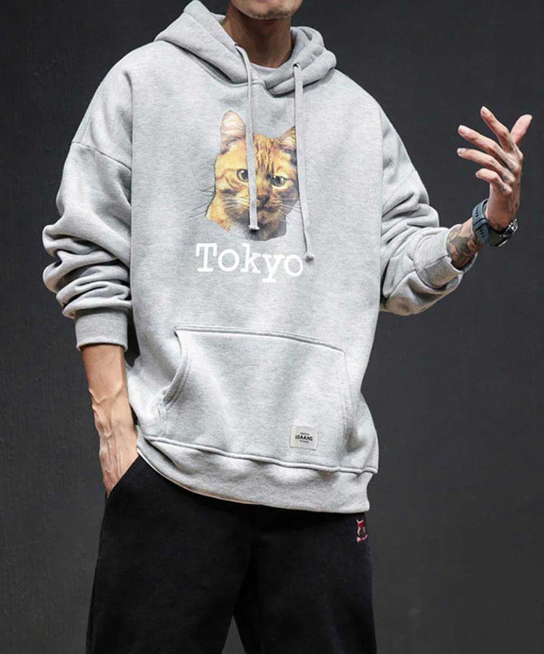 Grey Tokyo cat pattern print hoodies with pouch pocket