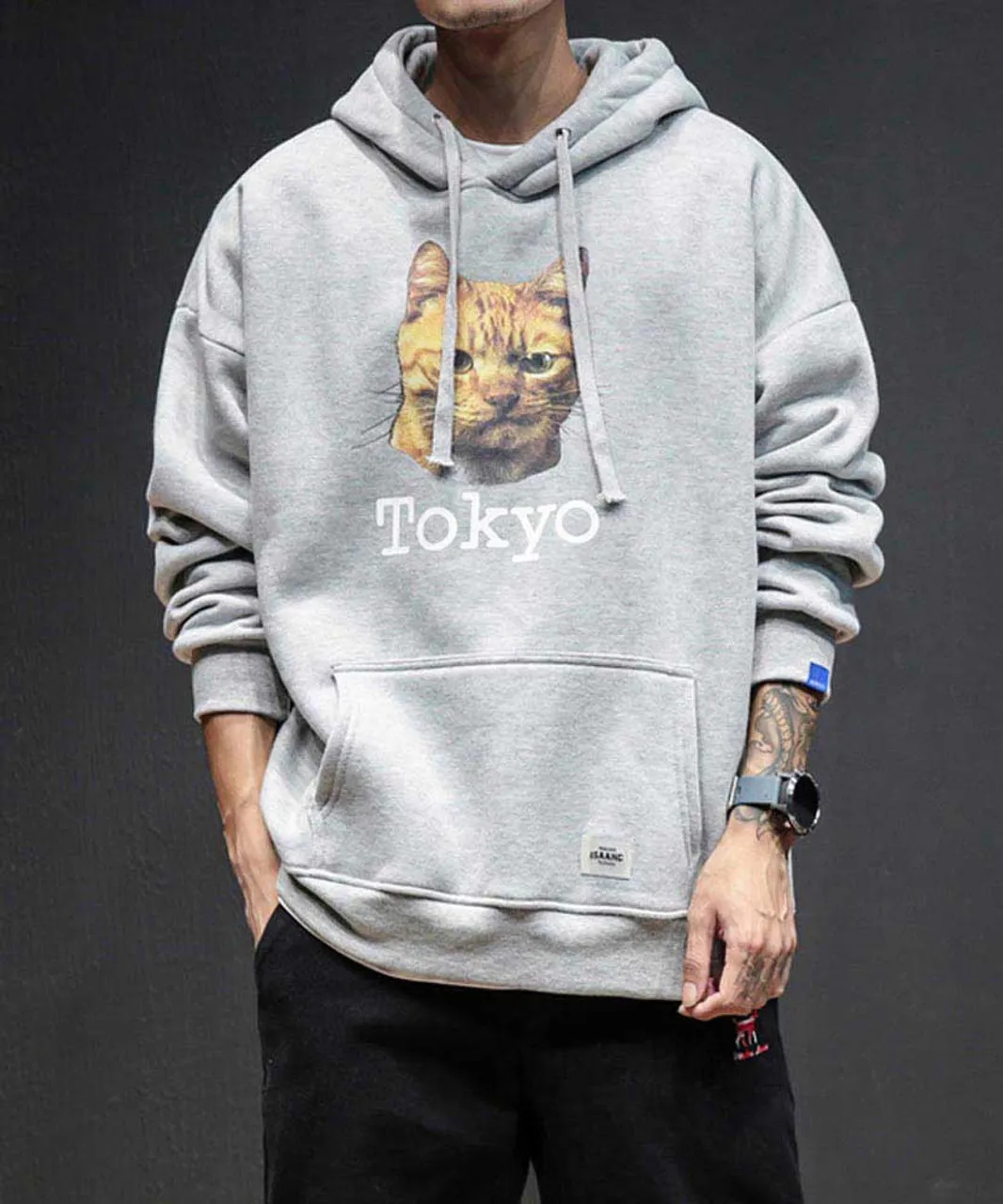 Grey Tokyo cat pattern print hoodies with pouch pocket