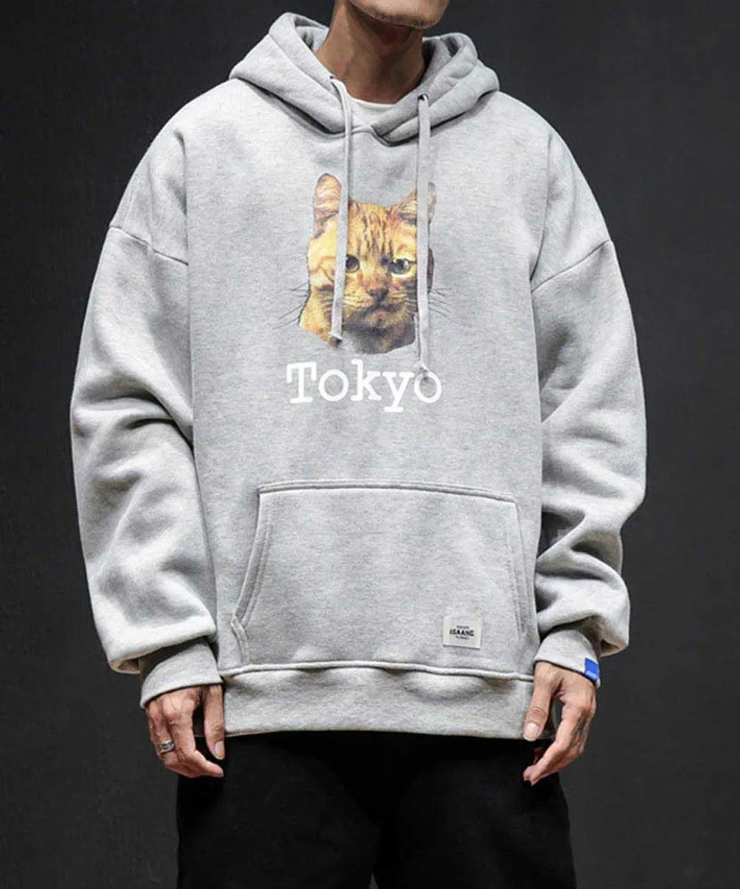 Grey Tokyo cat pattern print hoodies with pouch pocket