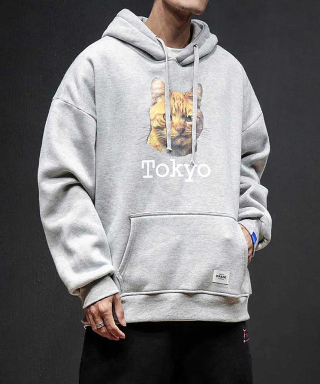 Grey Tokyo cat pattern print hoodies with pouch pocket