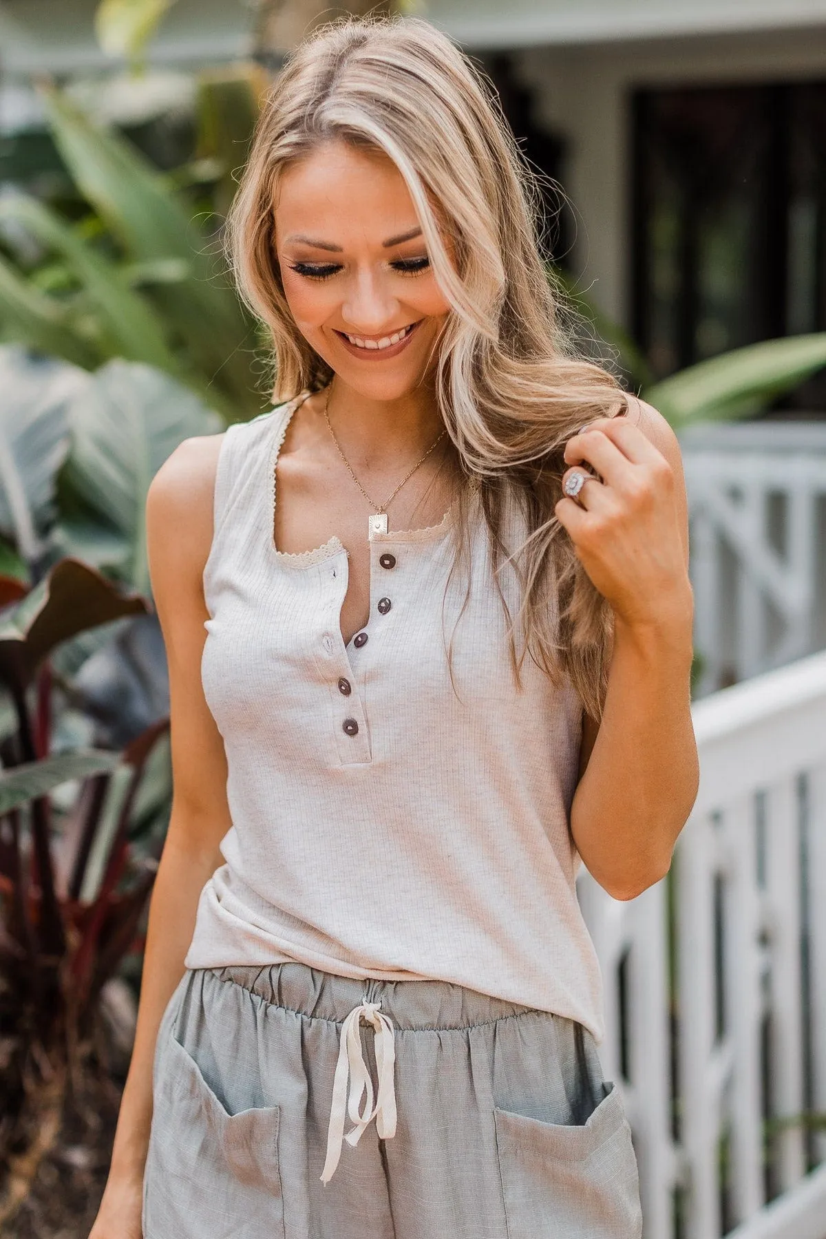 Like A Love Song Button Tank Top- Oatmeal