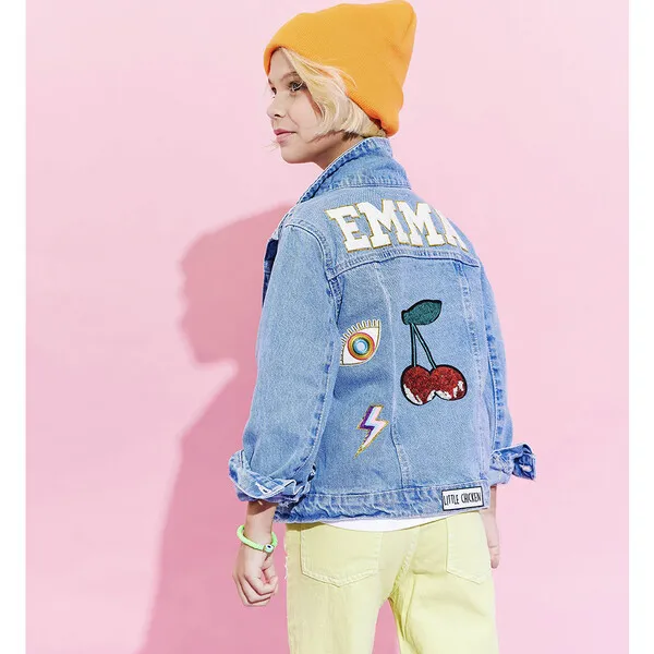 Little Chicken Custom Cherry Denim Jacket, Light Wash