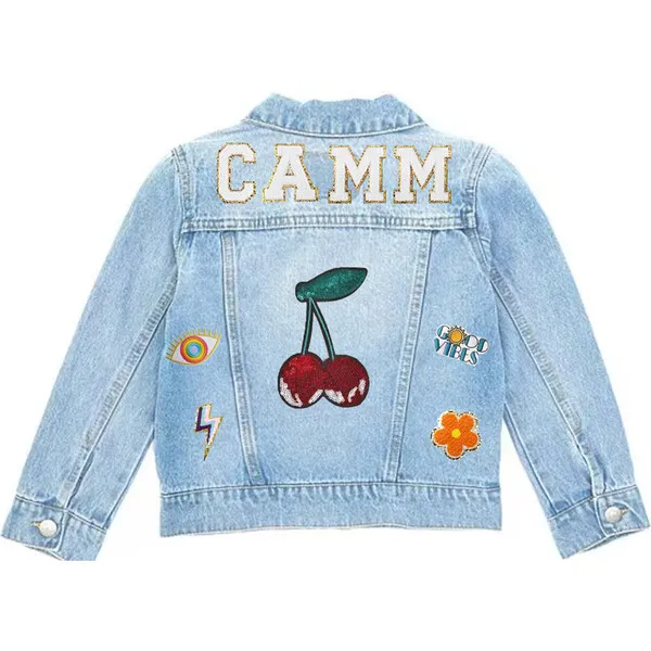 Little Chicken Custom Cherry Denim Jacket, Light Wash