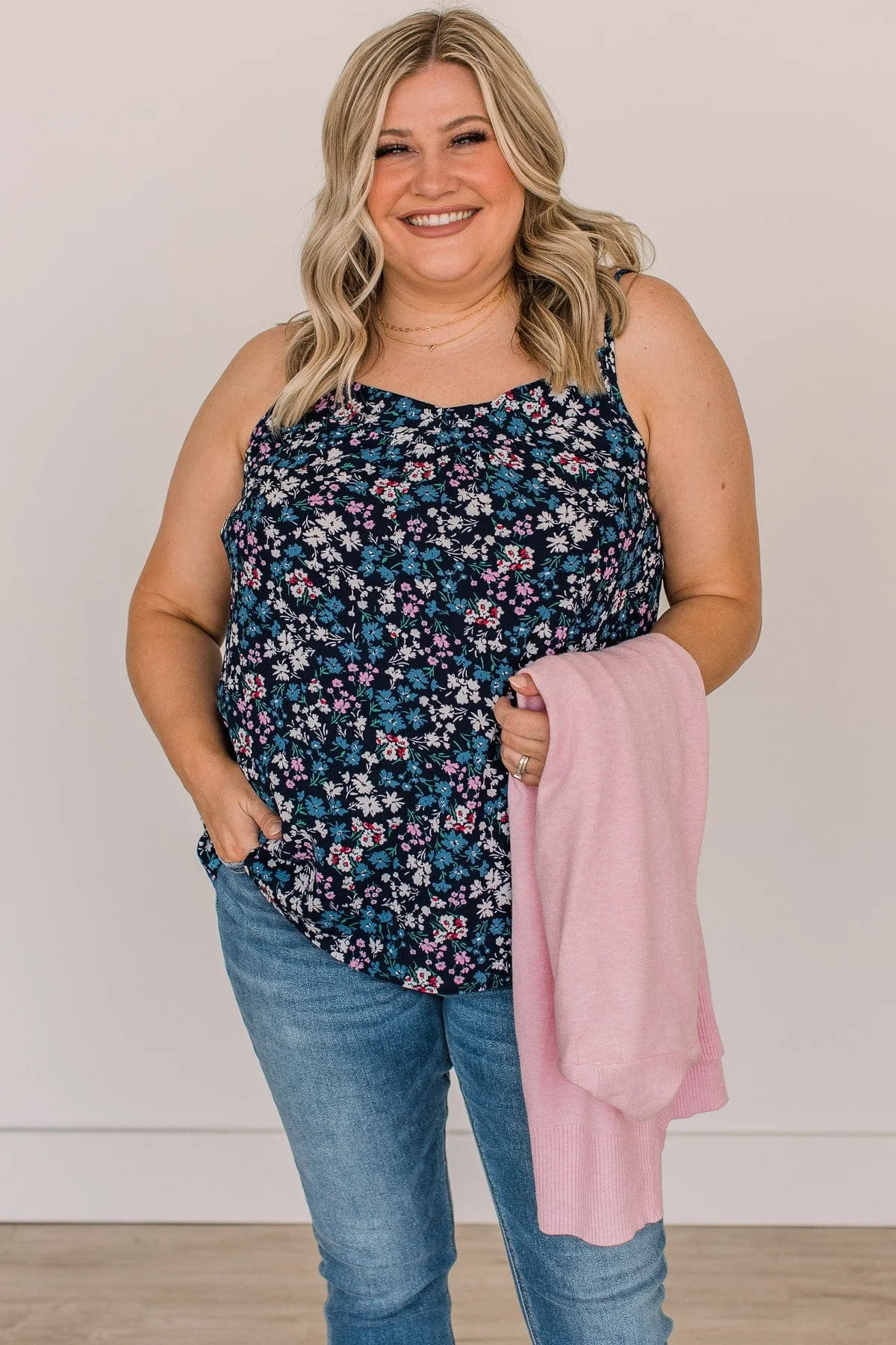 Lost In The Flowers Tank Top- Navy