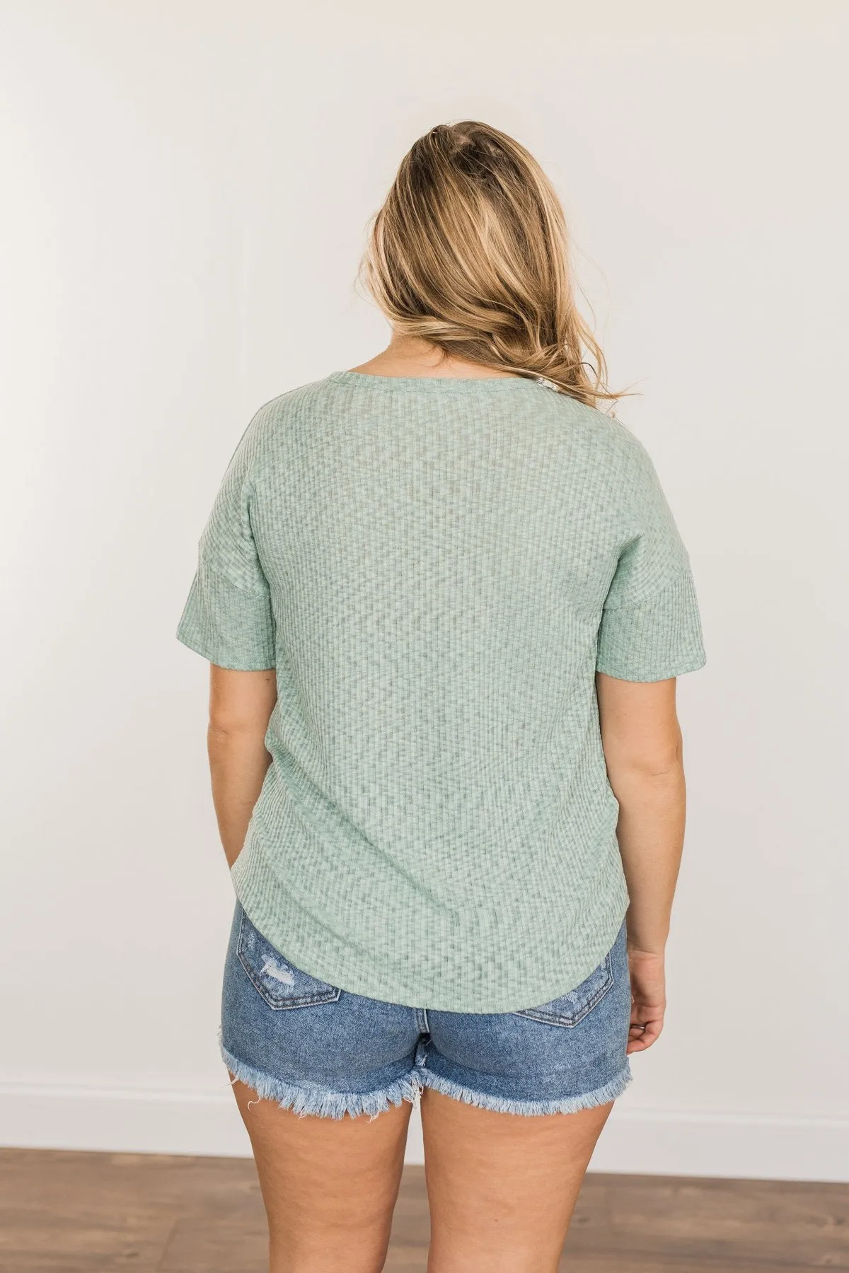 Meaningful Memories Ribbed Knit Top- Dusty Teal