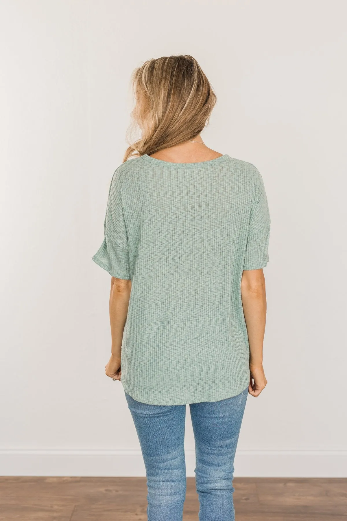 Meaningful Memories Ribbed Knit Top- Dusty Teal