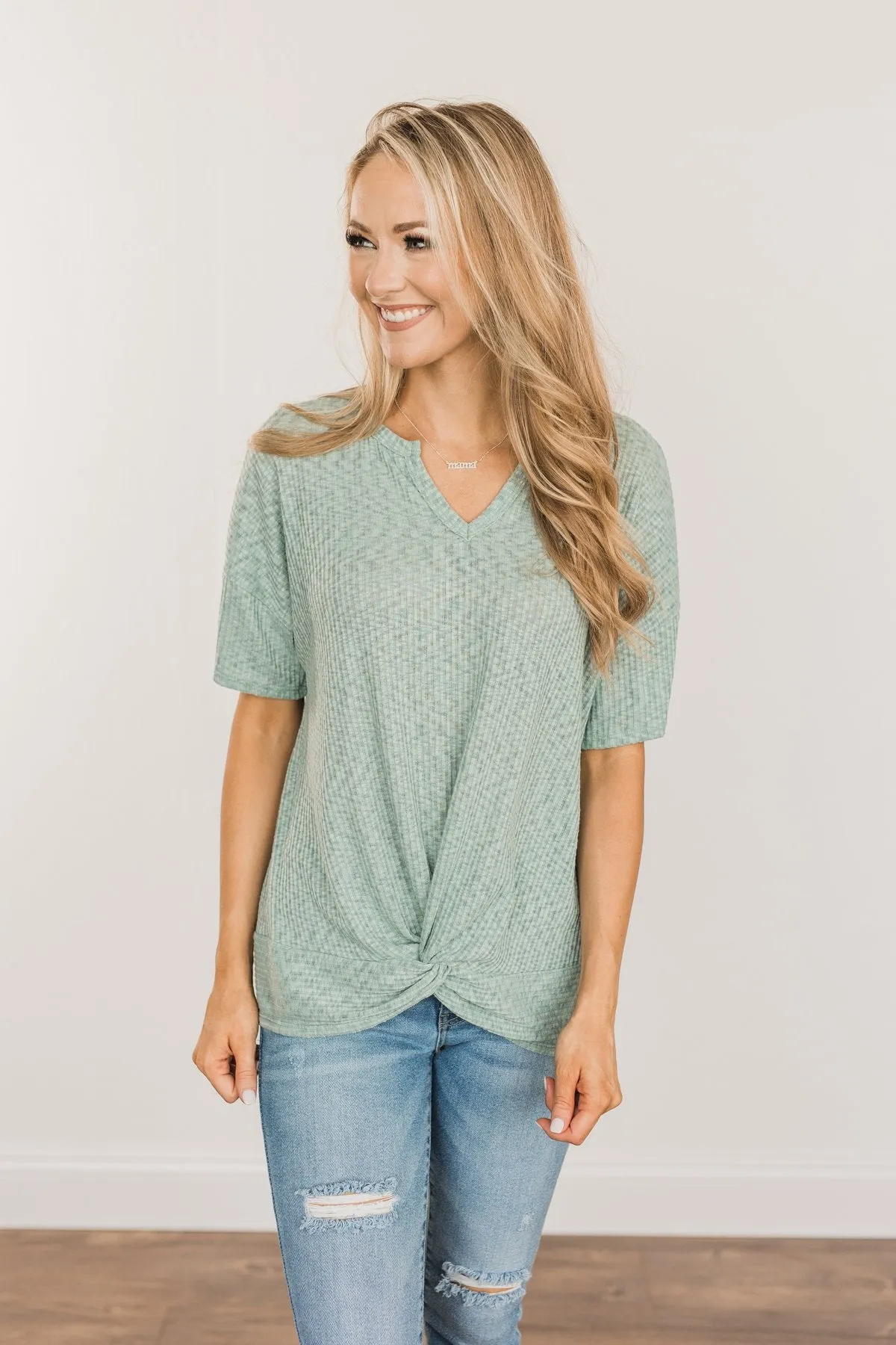 Meaningful Memories Ribbed Knit Top- Dusty Teal