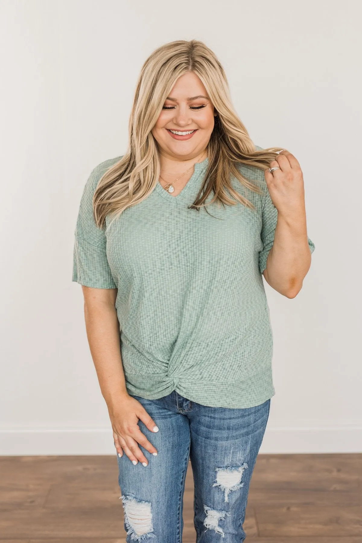 Meaningful Memories Ribbed Knit Top- Dusty Teal