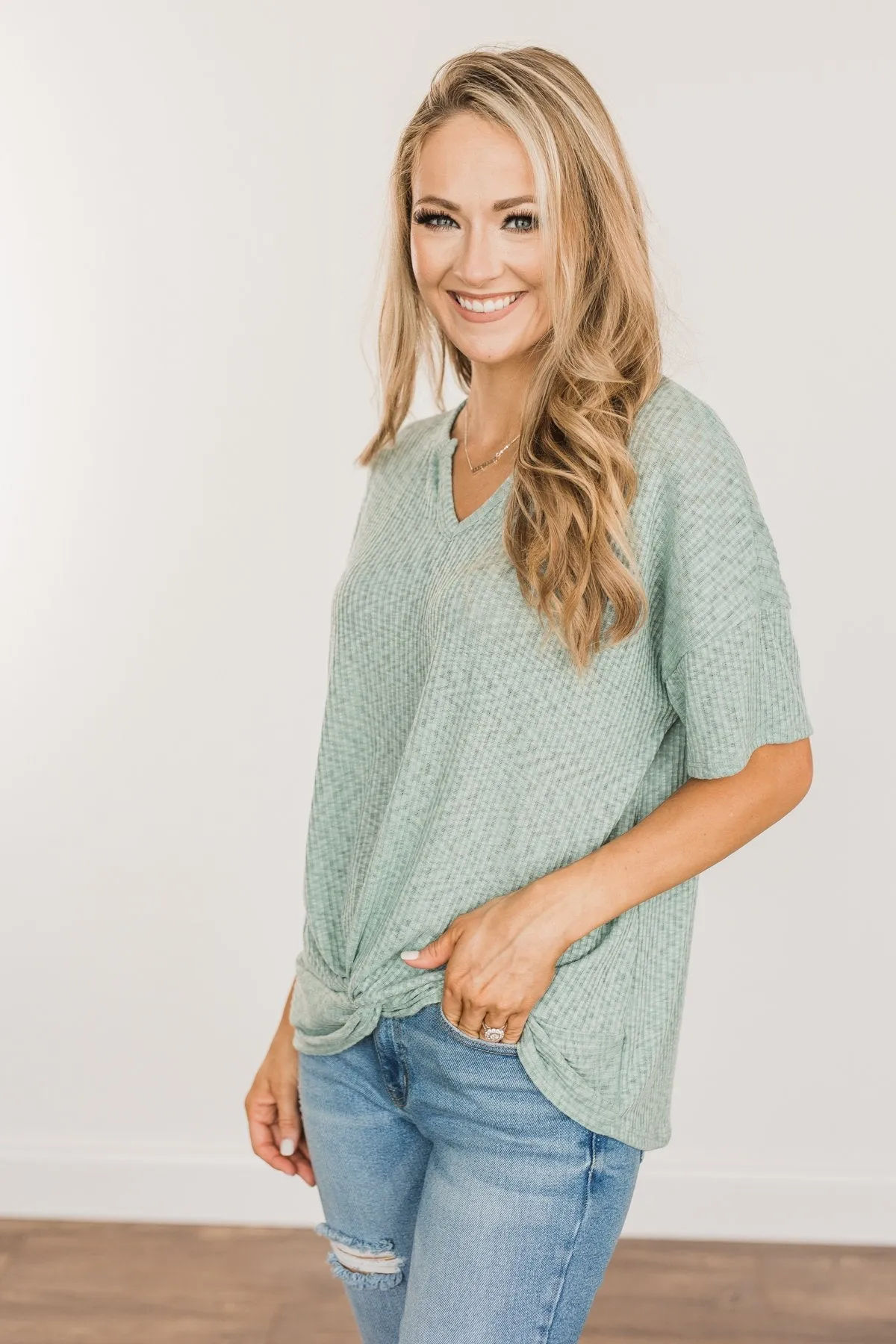 Meaningful Memories Ribbed Knit Top- Dusty Teal