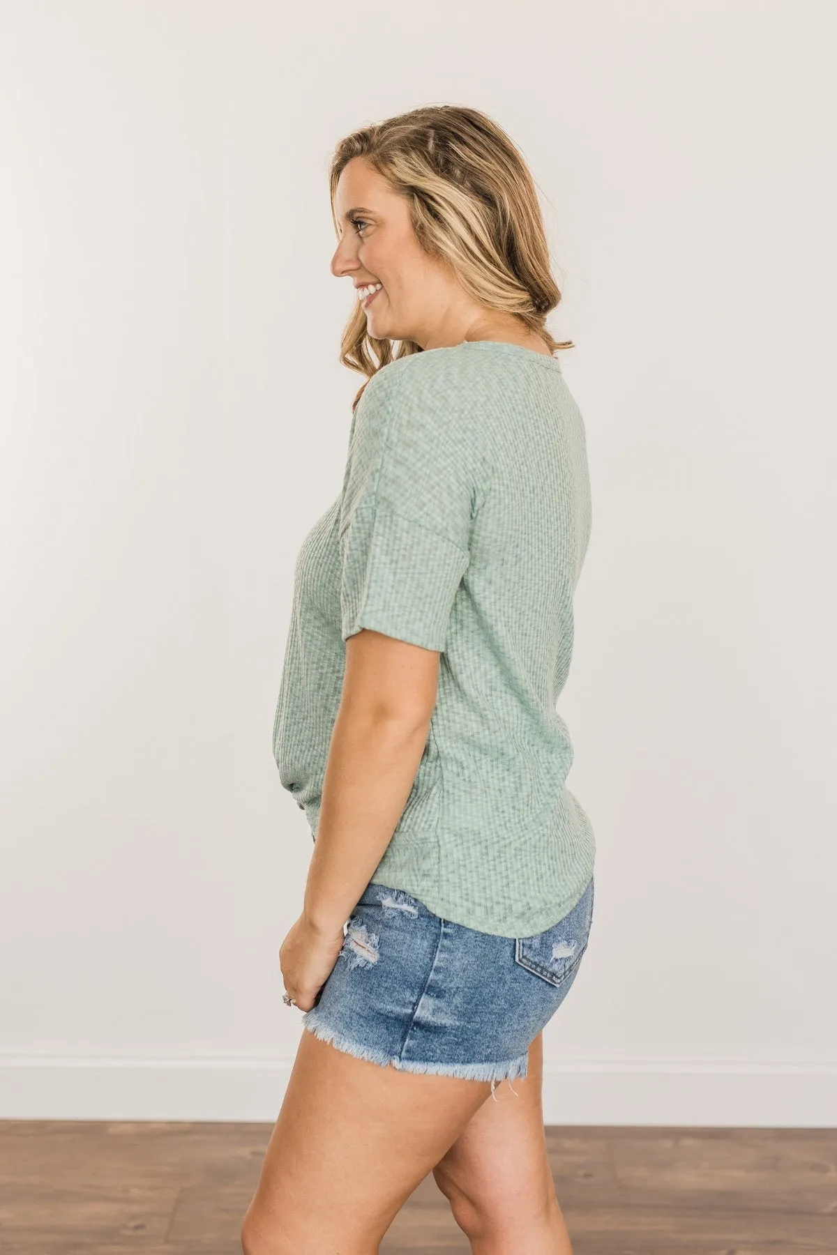 Meaningful Memories Ribbed Knit Top- Dusty Teal