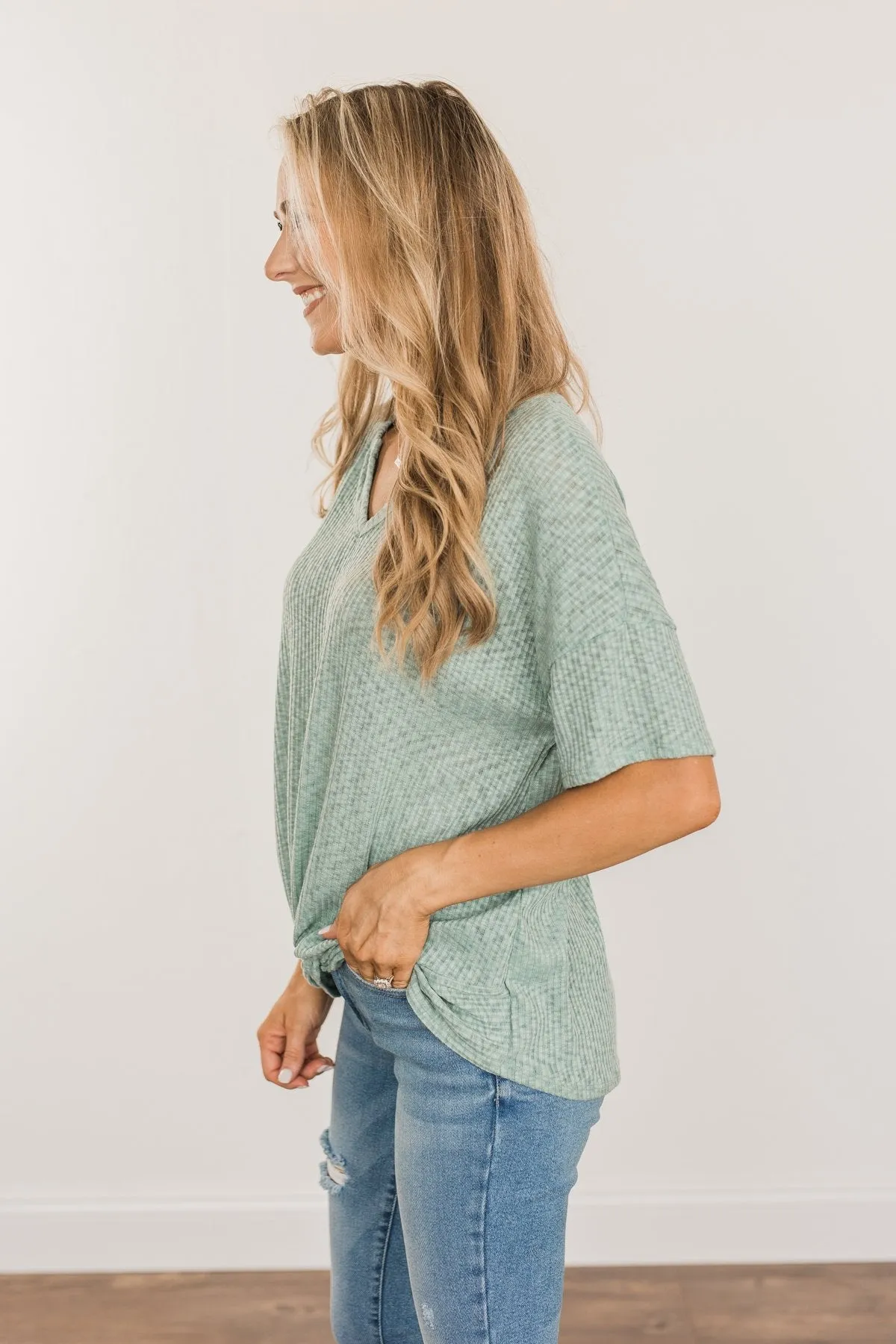 Meaningful Memories Ribbed Knit Top- Dusty Teal