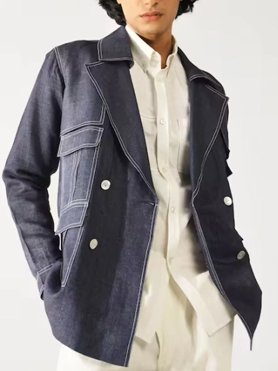 Multi-Pocket Lapel Contrasting Colors Casual Jacket