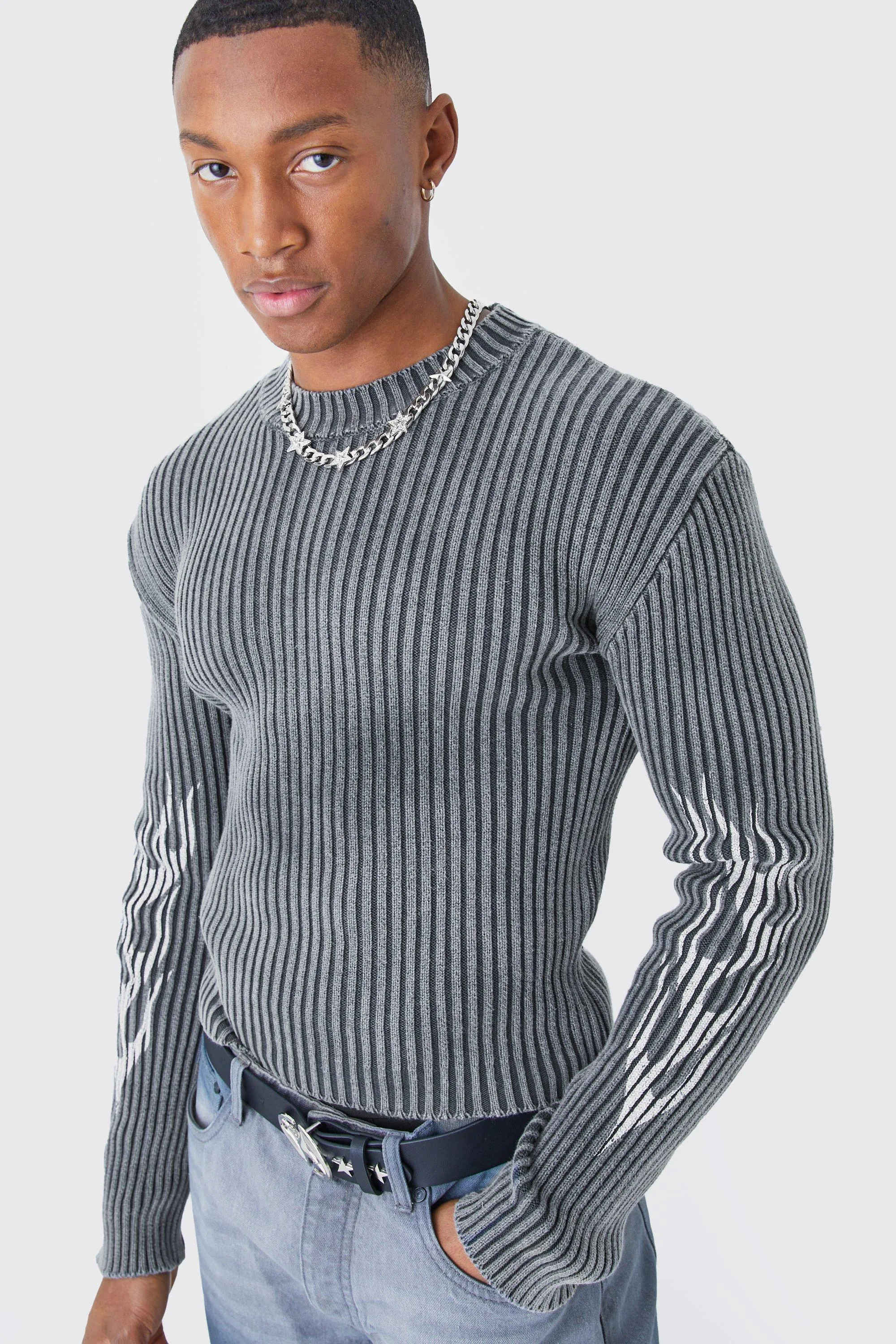 Muscle Fit Ribbed Acid Wash Knit Jumper | boohooMAN UK