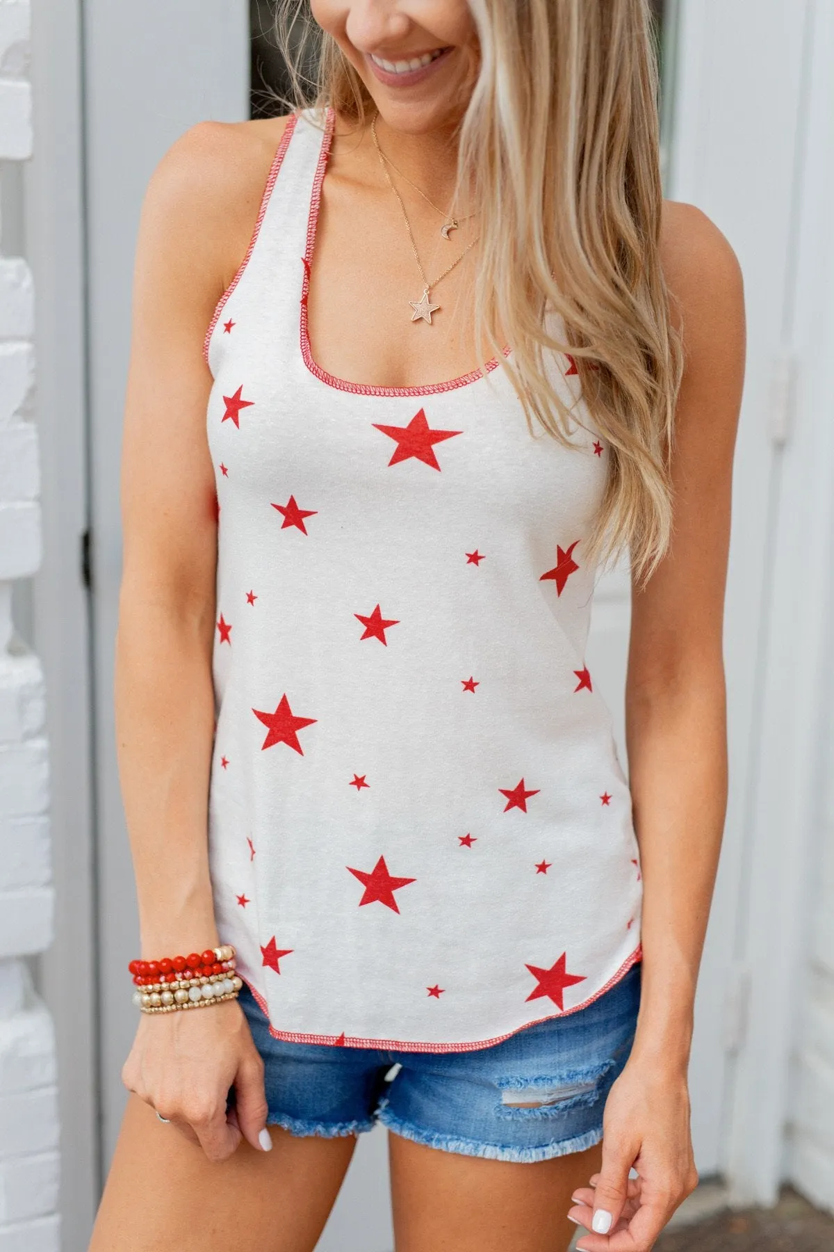 Oh My Stars Printed Tank Top- Ivory & Red