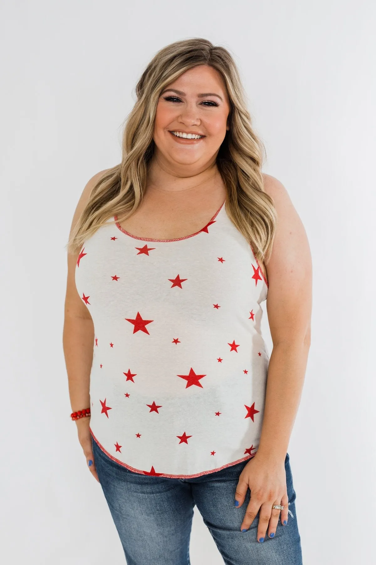 Oh My Stars Printed Tank Top- Ivory & Red