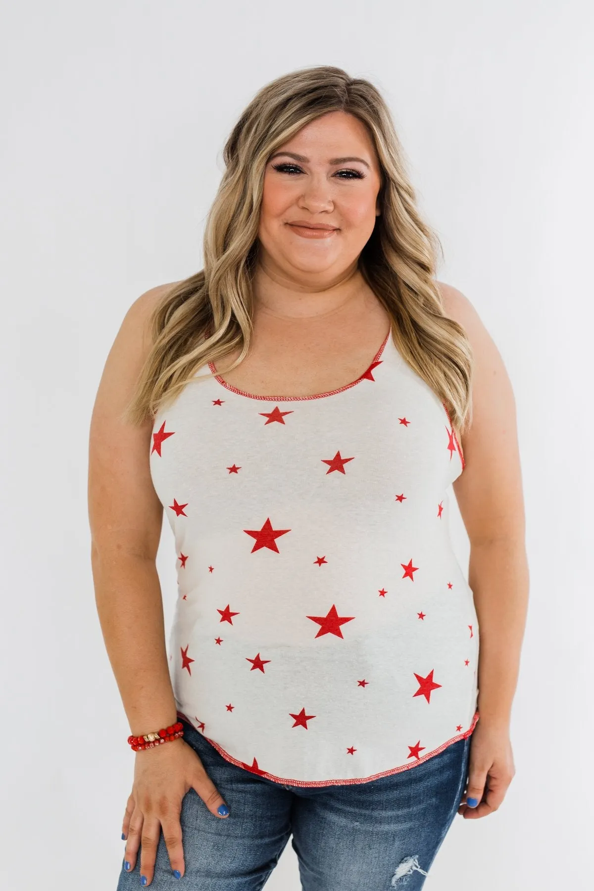 Oh My Stars Printed Tank Top- Ivory & Red