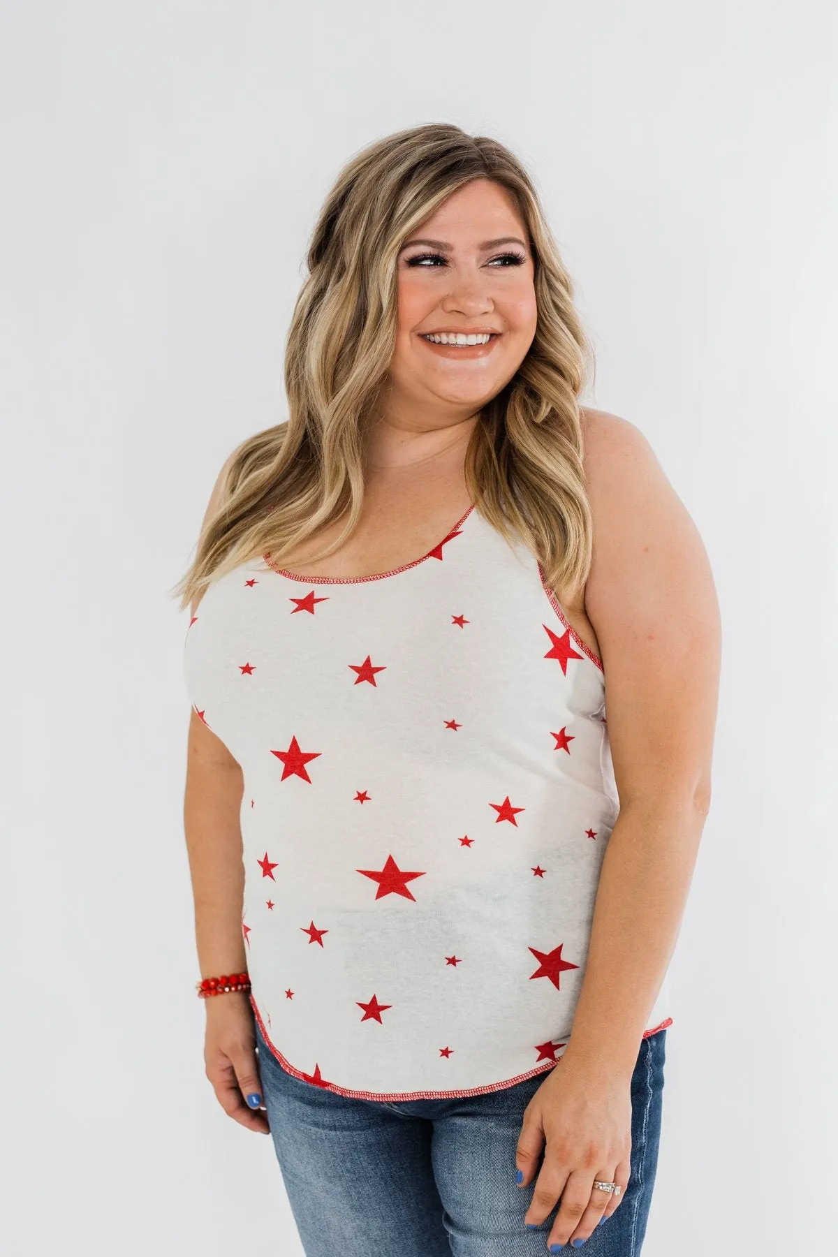 Oh My Stars Printed Tank Top- Ivory & Red