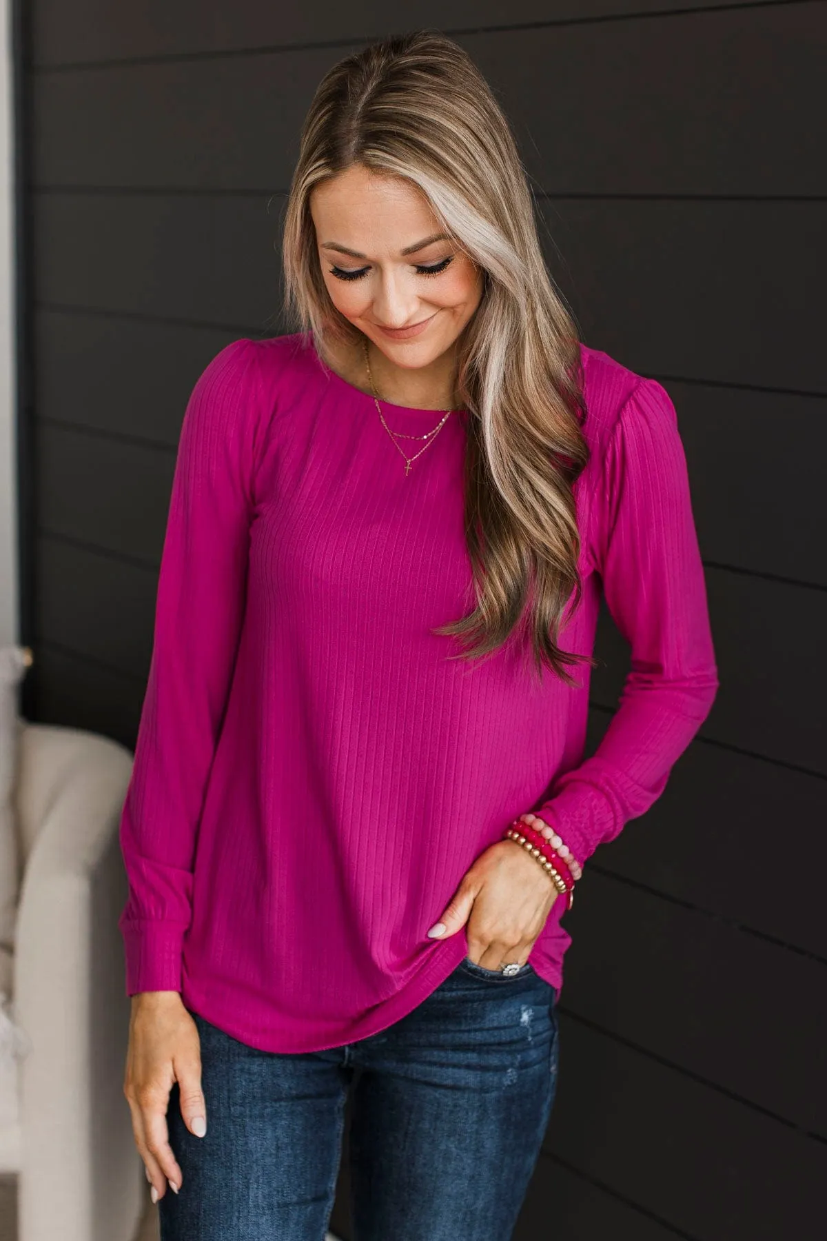 Open My Heart Ribbed Knit Top- Fuchsia