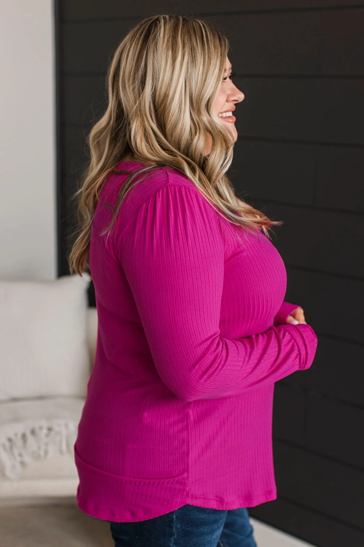 Open My Heart Ribbed Knit Top- Fuchsia