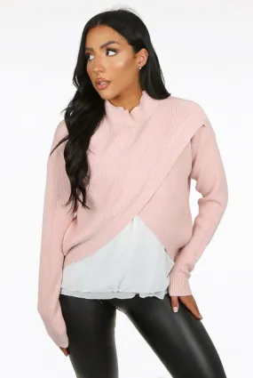 Pink Ribbed Knit Wrap Jumper With Vest