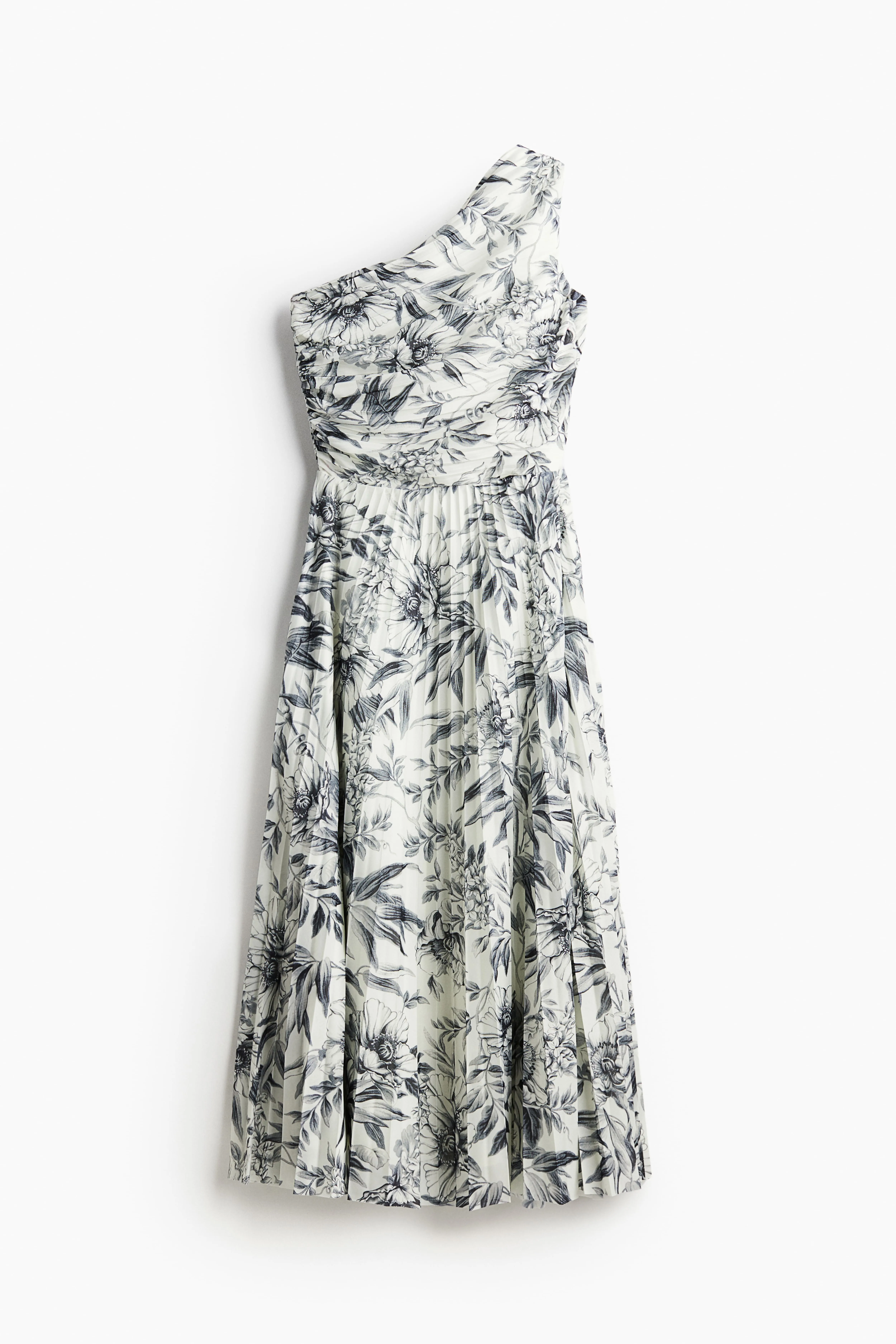 Pleated one-shoulder dress - Asymmetric neckline - Sleeveless - White/Grey floral - Ladies | H&M GB