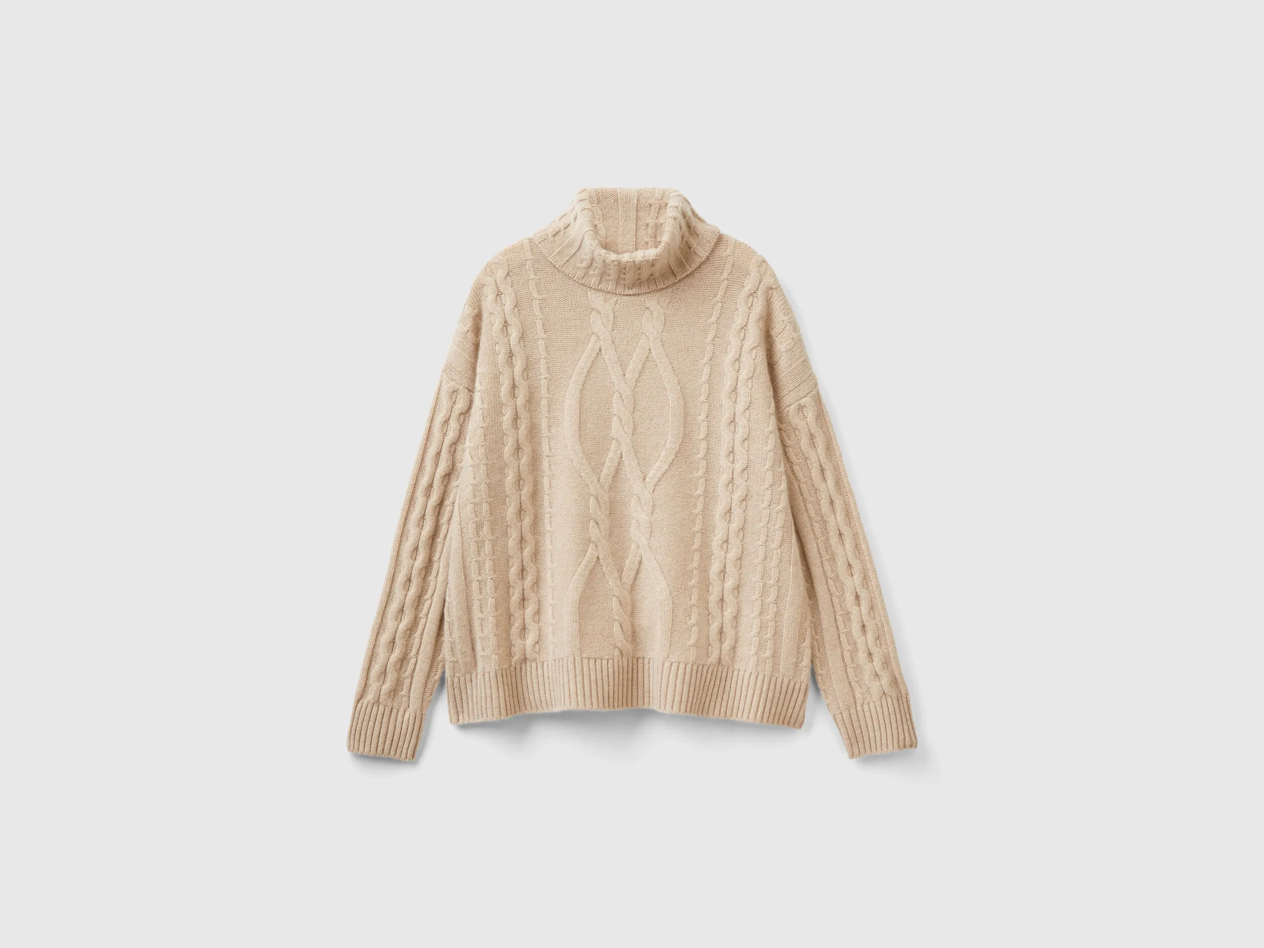 Pure cashmere turtleneck with cable knit - Beige | Benetton