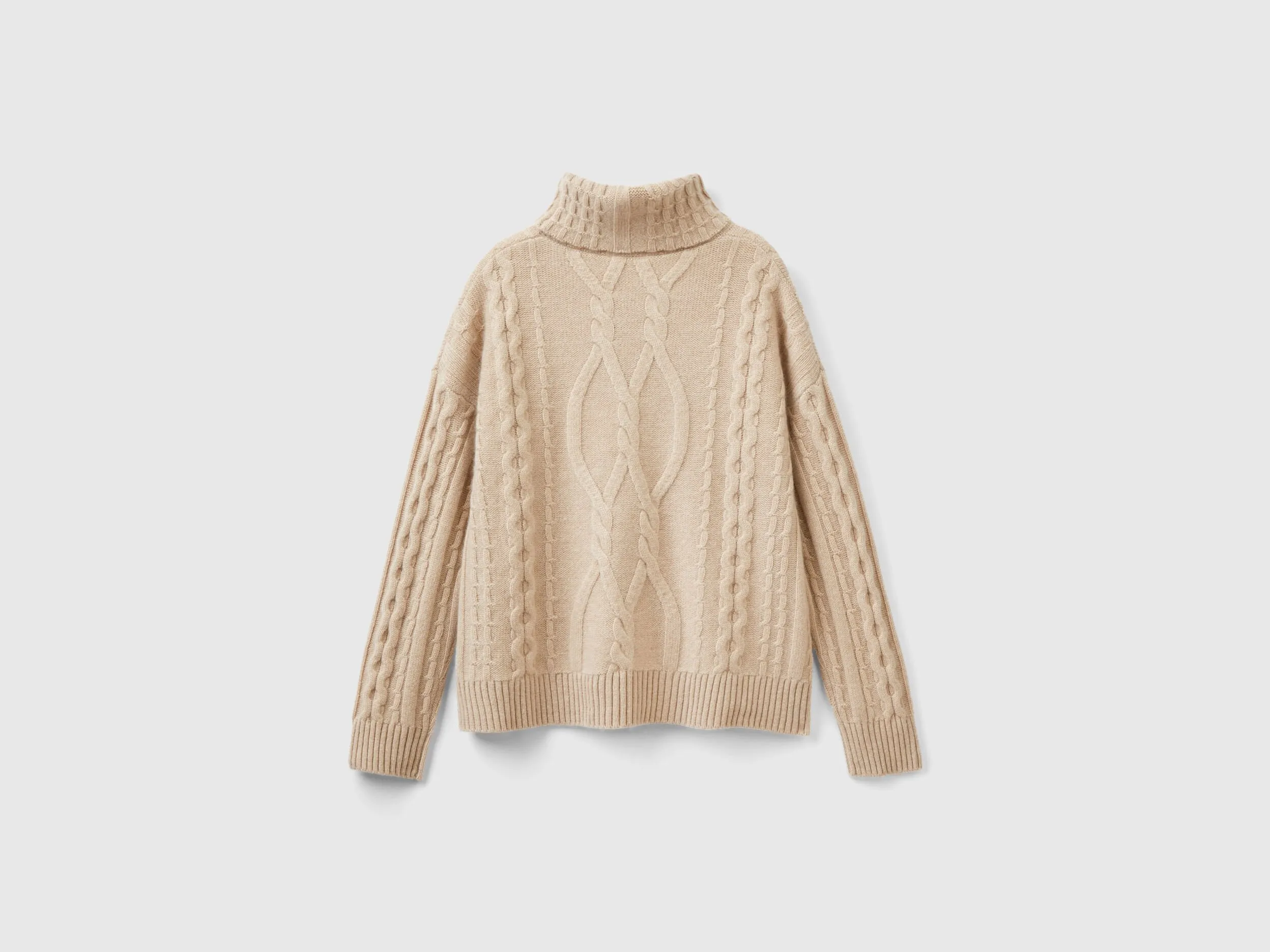 Pure cashmere turtleneck with cable knit - Beige | Benetton