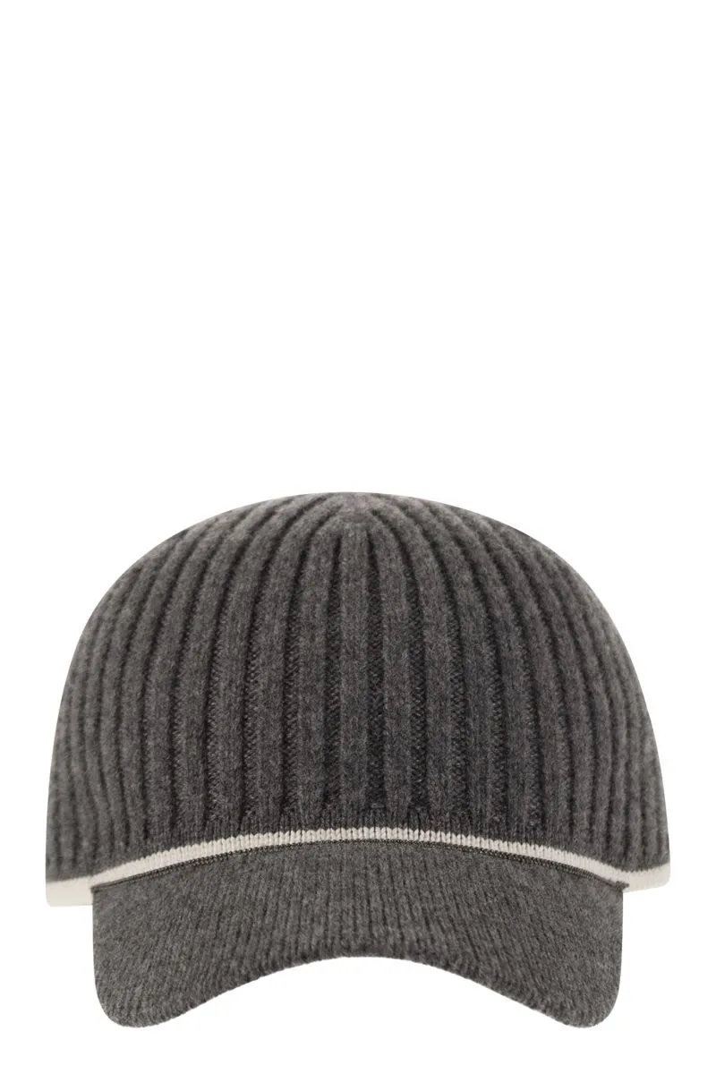 RIBBED VIRGIN WOOL, CASHMERE AND SILK KNIT BASEBALL CAP WITH JEWEL