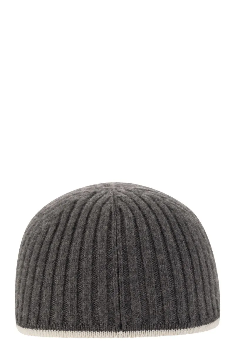 RIBBED VIRGIN WOOL, CASHMERE AND SILK KNIT BASEBALL CAP WITH JEWEL