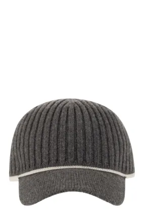 RIBBED VIRGIN WOOL, CASHMERE AND SILK KNIT BASEBALL CAP WITH JEWEL