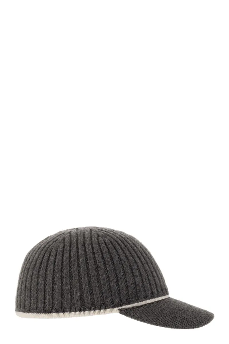 RIBBED VIRGIN WOOL, CASHMERE AND SILK KNIT BASEBALL CAP WITH JEWEL