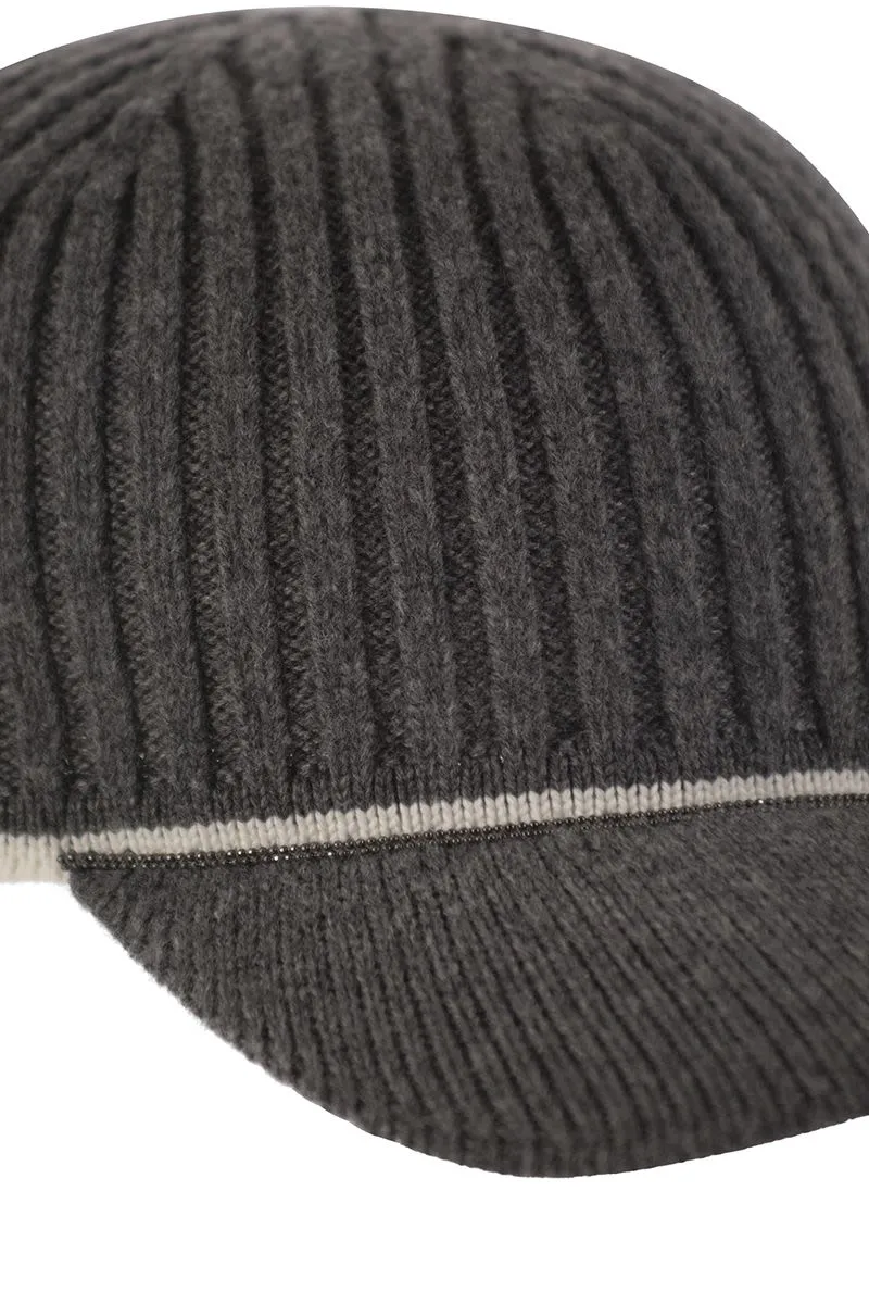 RIBBED VIRGIN WOOL, CASHMERE AND SILK KNIT BASEBALL CAP WITH JEWEL