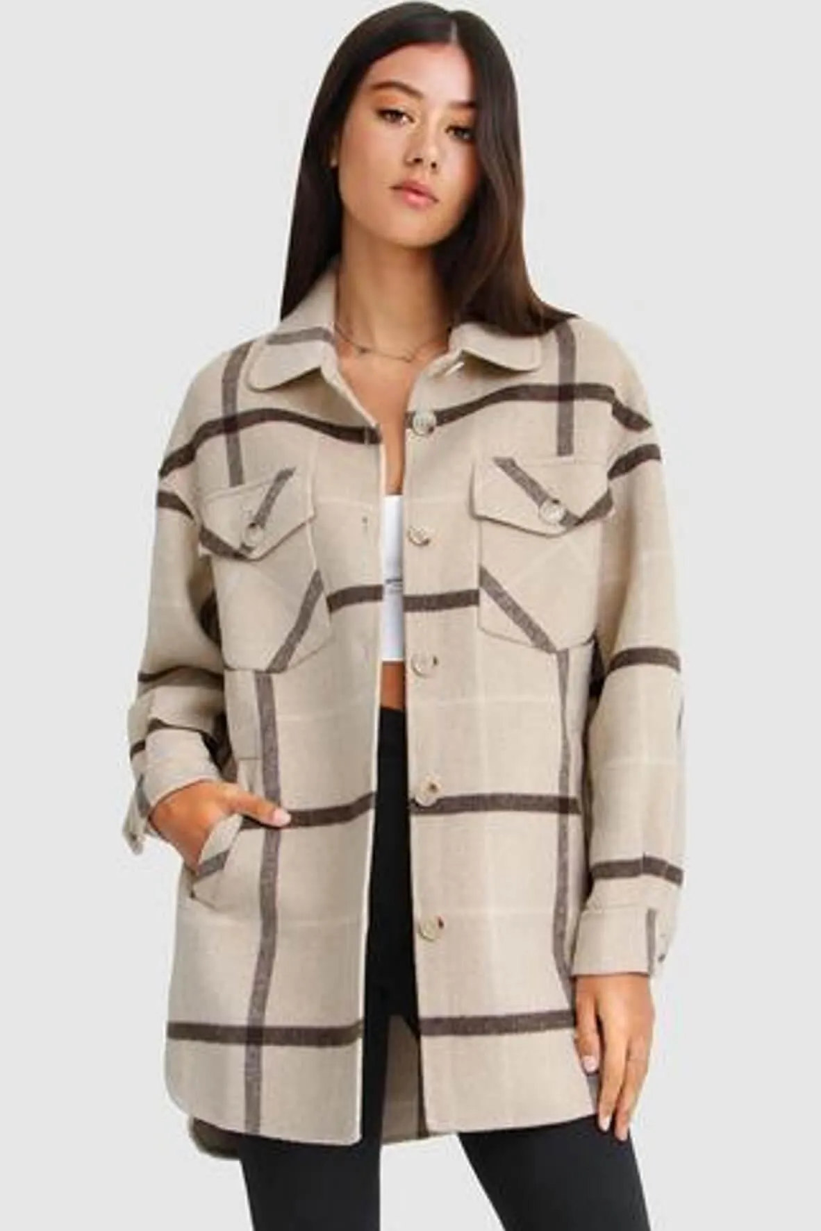 River’s Edge Plaid Shacket in Beige