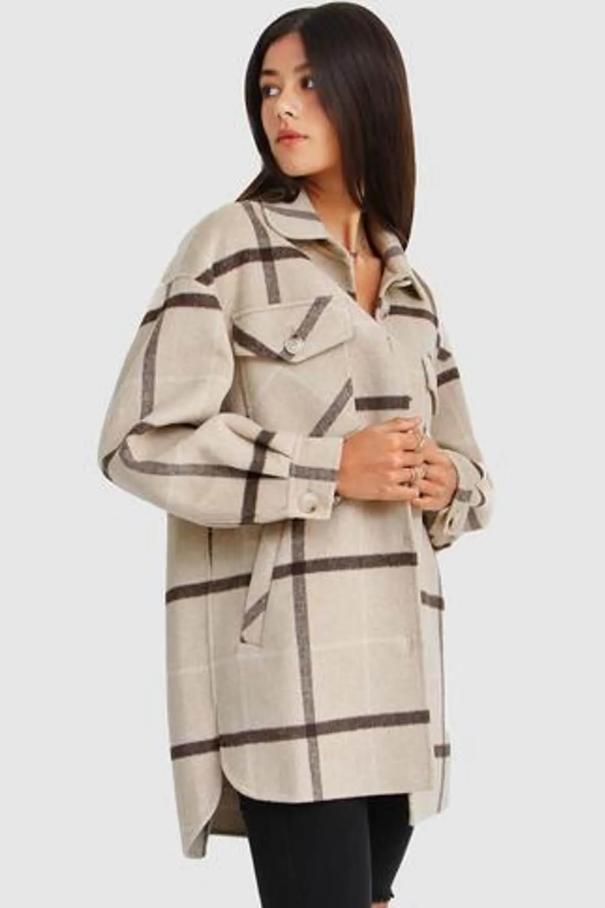 River’s Edge Plaid Shacket in Beige