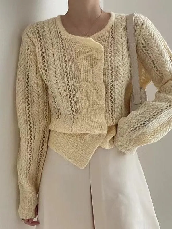 Round-neck Double-breasted Hollow Sweater Top