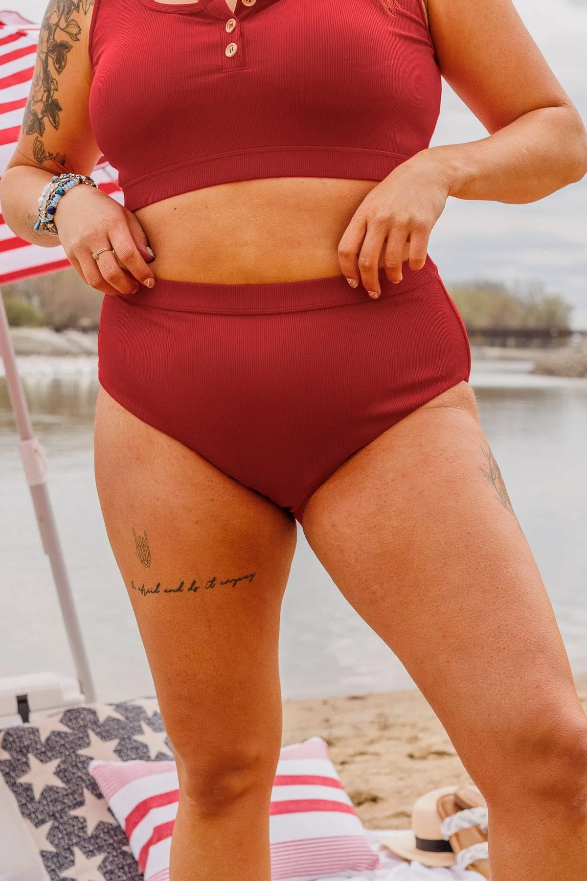 Sandy Shores Ribbed Knit Swim Bottoms- Red