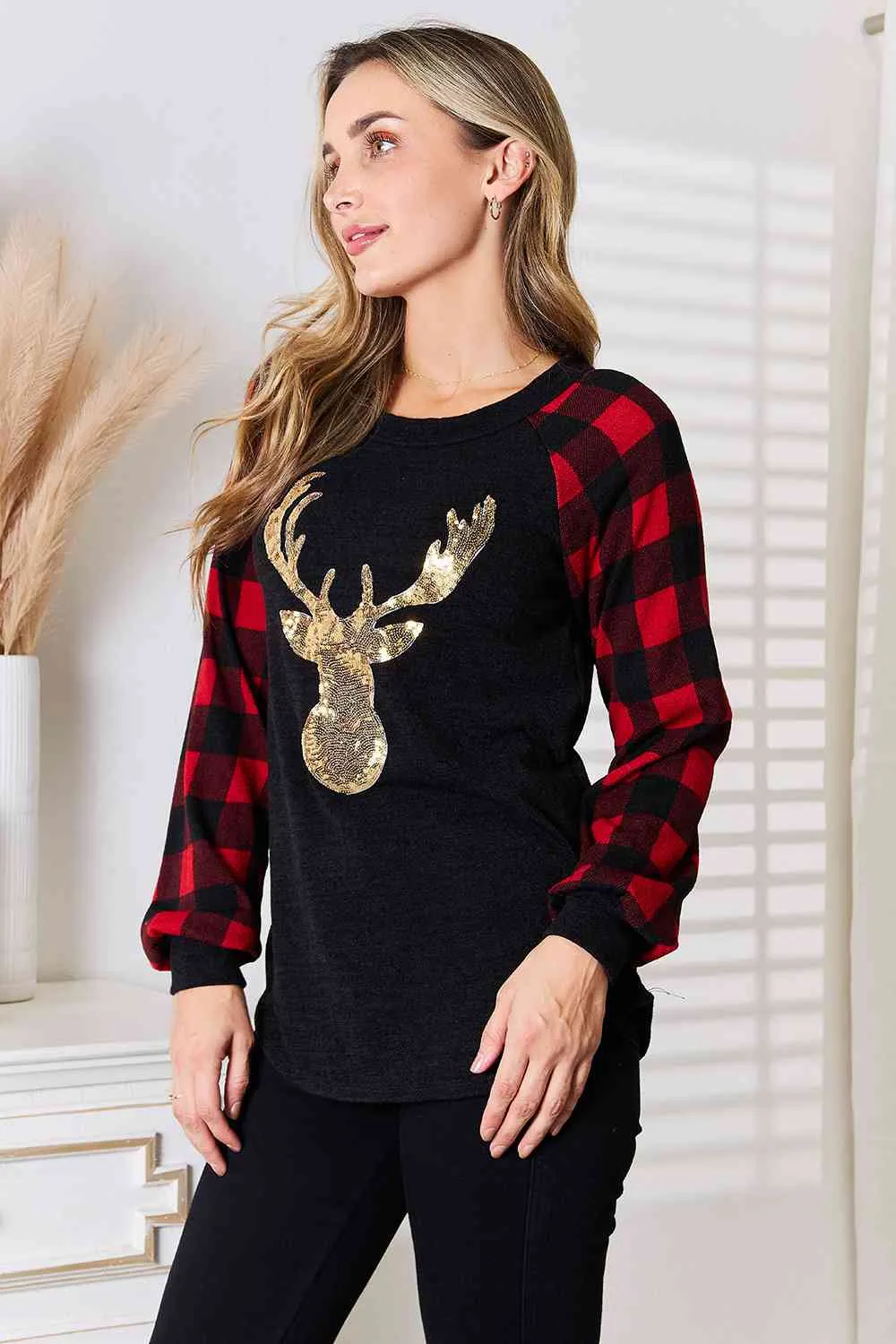 Sequin Reindeer Graphic Plaid Top - Red